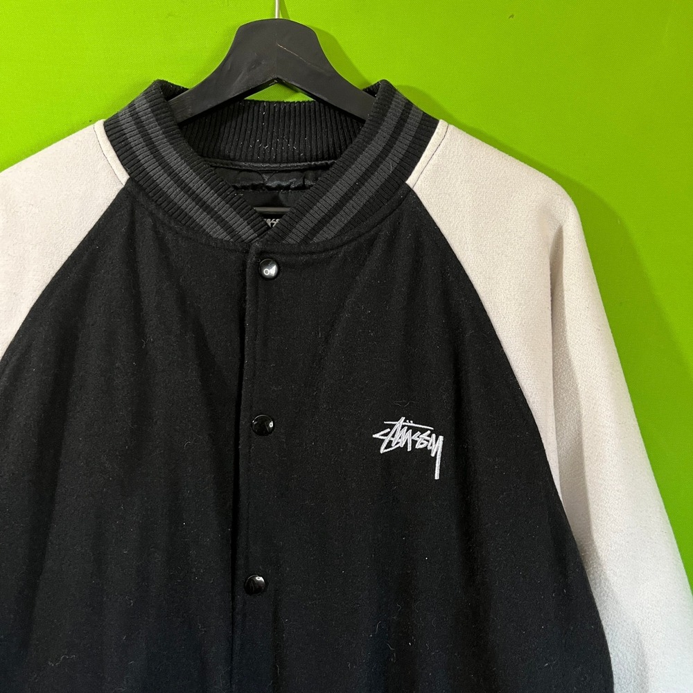 Stussy‎ Varsity Jacket Large Black White Big Logo Letterman Bomber Snap Front